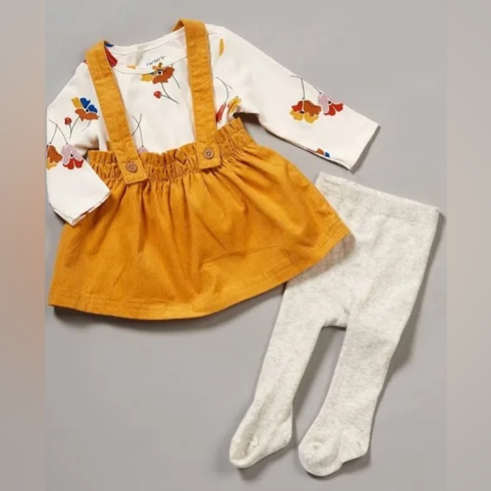 Baby Girl Carter's 3-Piece Floral Tee, Corduroy Jumper, & Tights Set